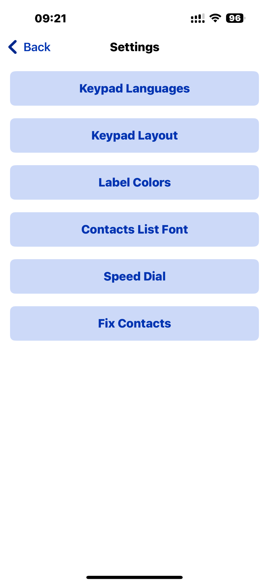 General settings screen