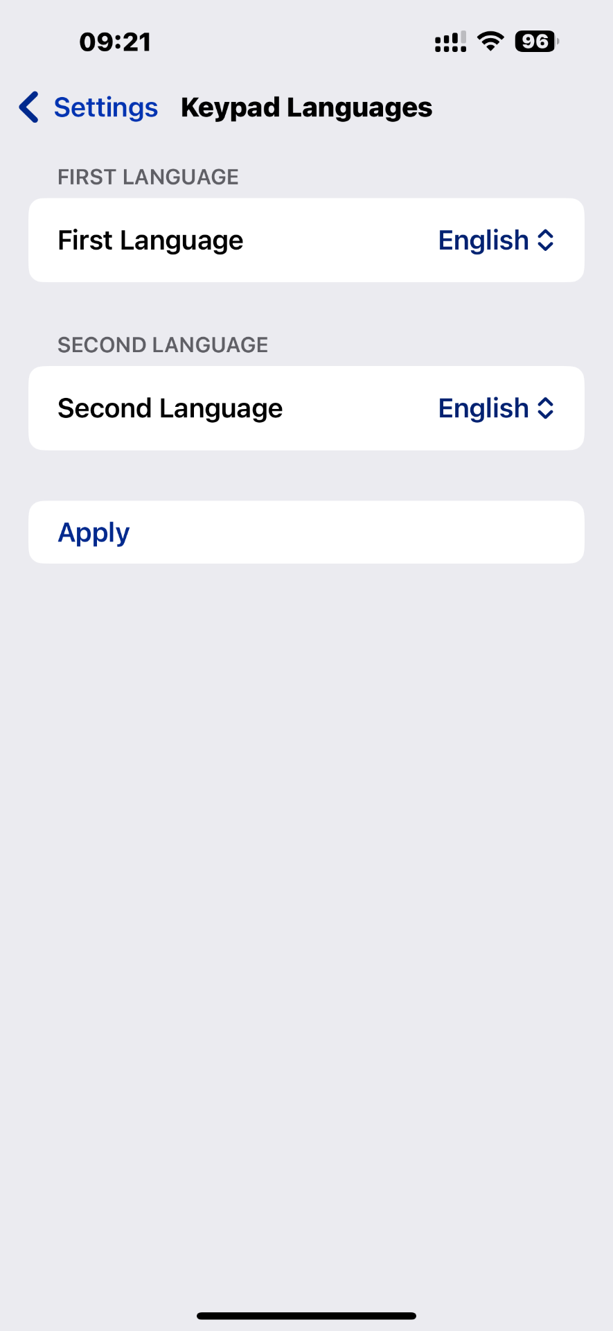 Language settings screen showing language selection options